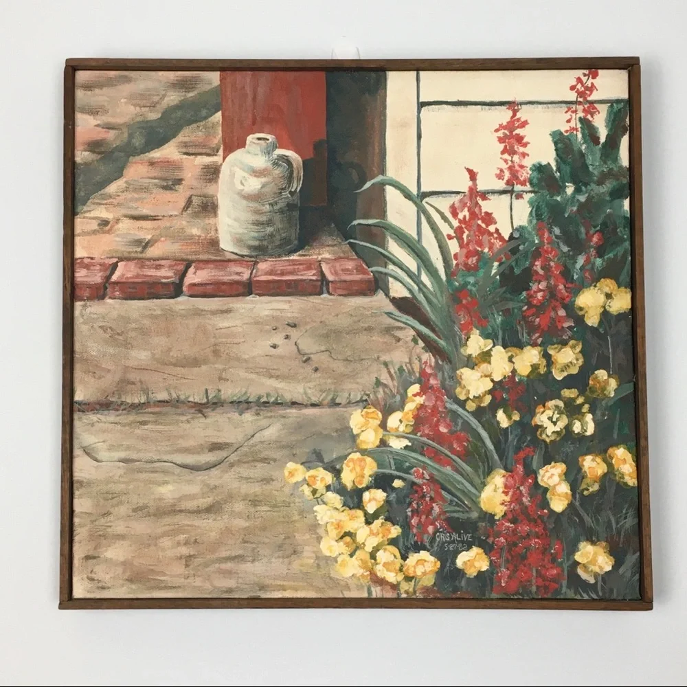 Vintage 1982 Brick Path Walkway Painting Signed Original Pottery Garden Doorway